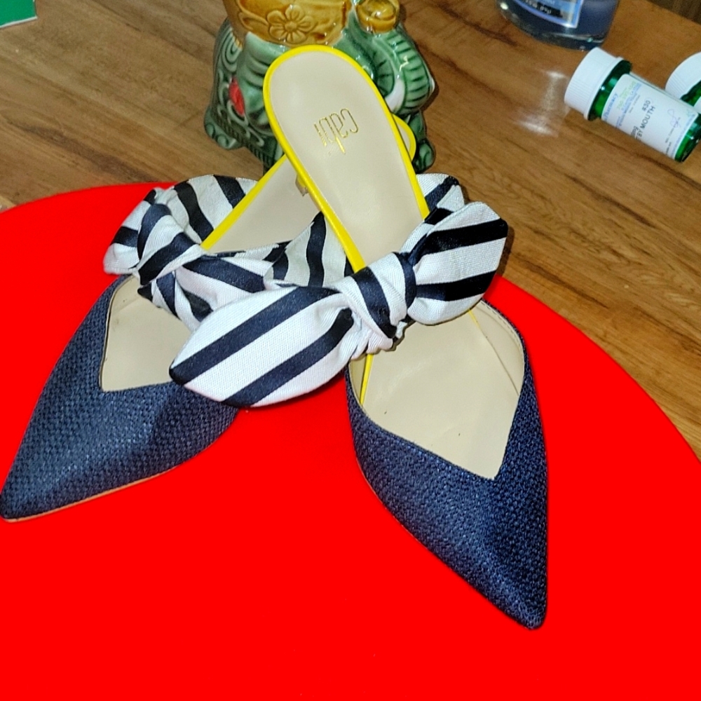 CAbi  Shoes Size 8 M Stripe Bow Kitten Heel Slides